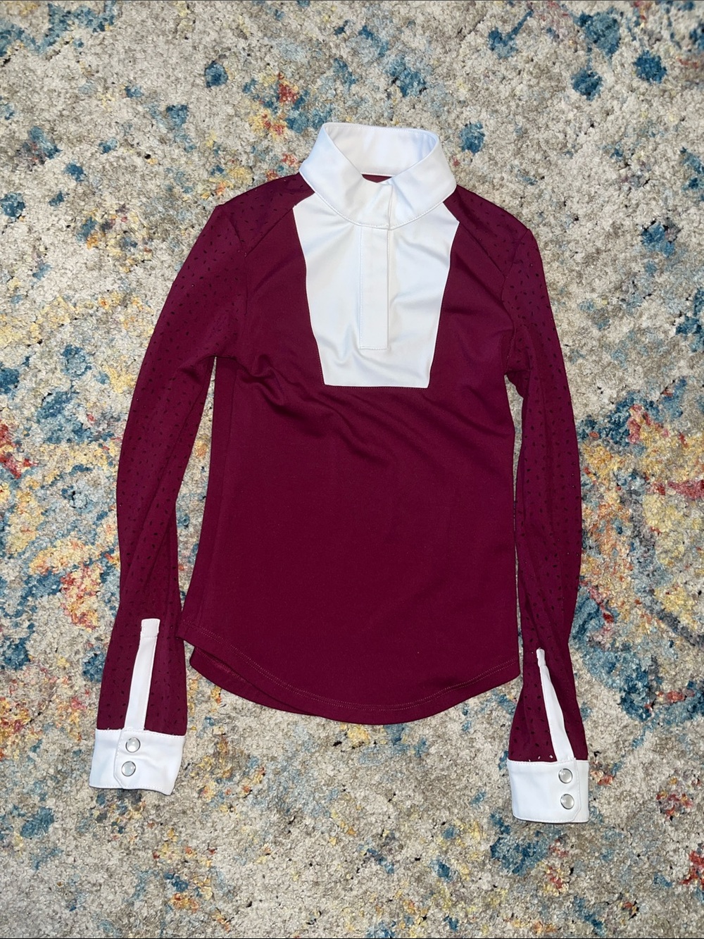 Girls Burgundy Long-Sleeve Equestrian Tunic with White Bib